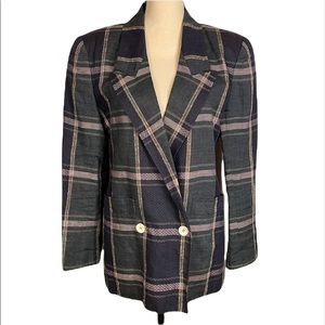 Vintage Dana Buchman Linen Blend Double Breasted Plaid Blazer Jacket Size 4